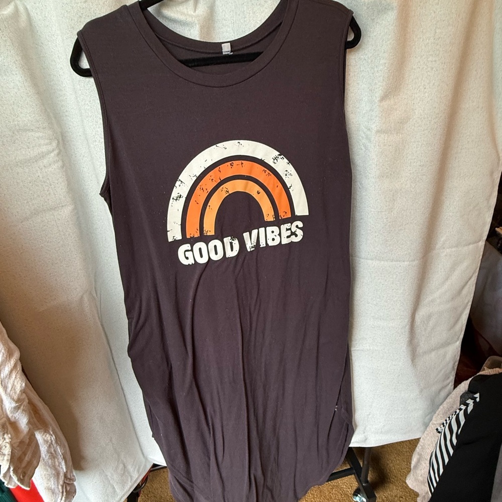 Good Vibes Black Sleeveless Tank Top with Retro Rainbow Graphic
